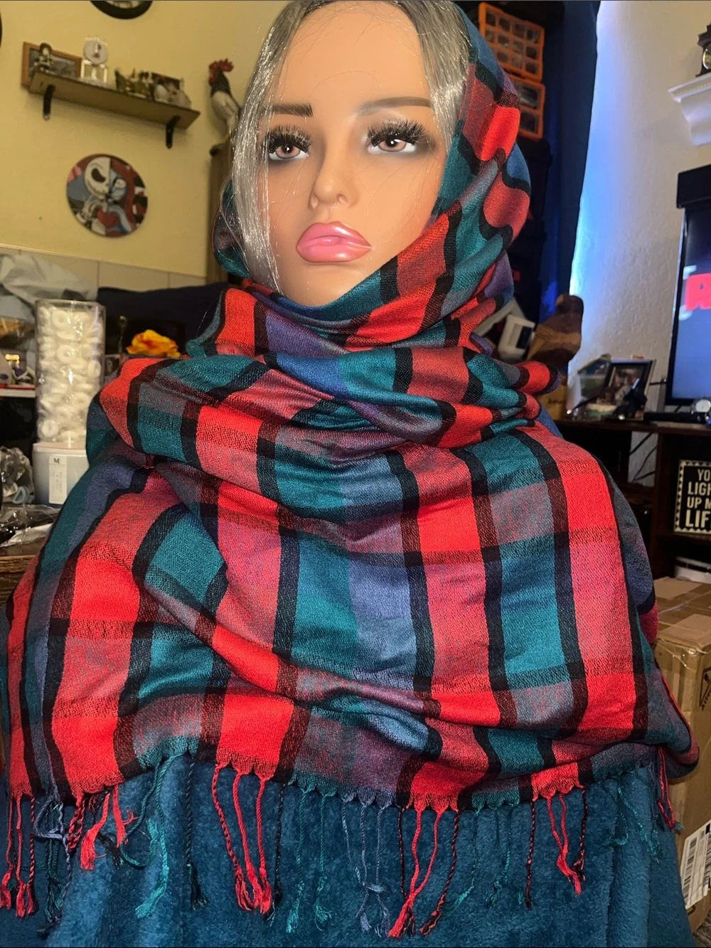 Plaid Red & Teal Women’s Pashmina scarf with Fringe Viscose Blend S27
